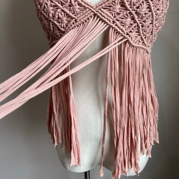 Forever 21 Pink Festival Macrame Fringe Halter Top Size M - Picture 6 of 10
